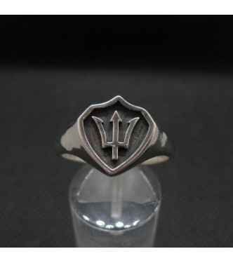 R002086 Sterling Silver Signet Ring Poseidon Symbol Trident Solid Genuine Hallmarked 925